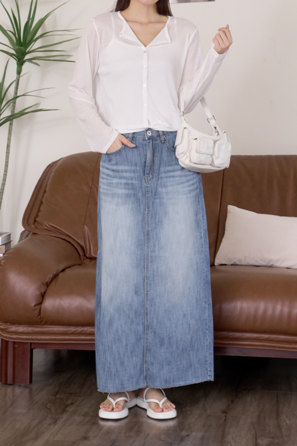 赫本的花園 刷色薄料牛仔長裙