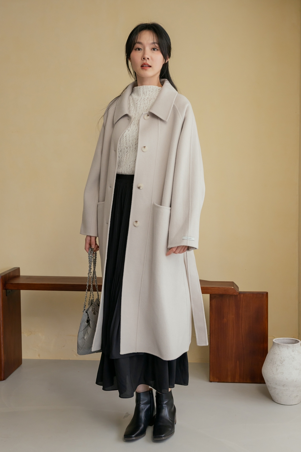 HEALER Made 薰衣草戀人 100%羊毛綁帶雙口袋翻領長大衣