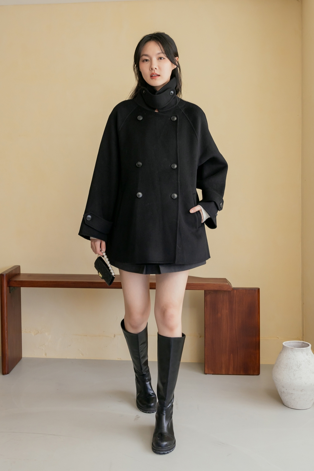 HEALER Made 高級小千金 100%羊毛雙排釦立領斗篷大衣