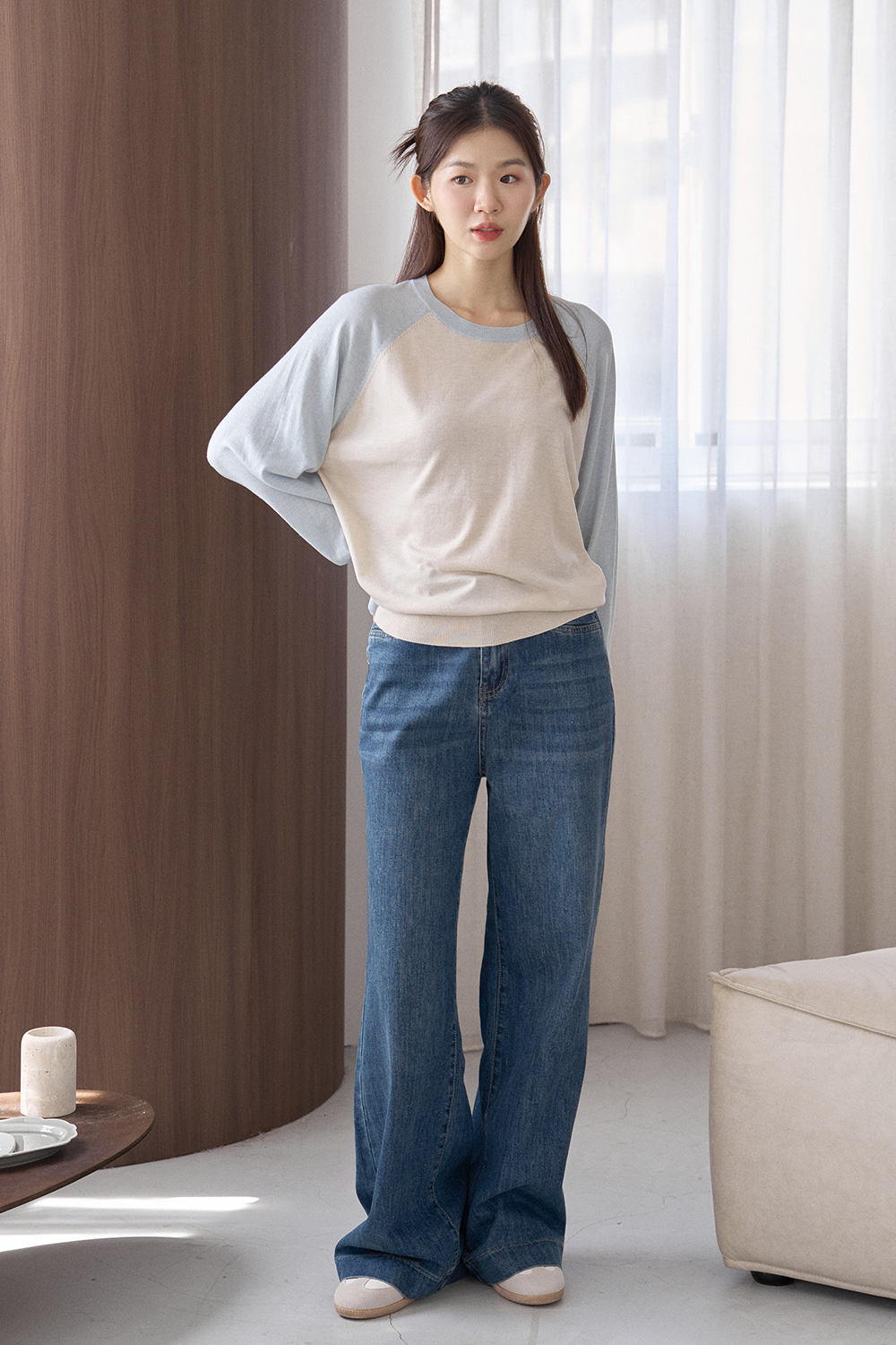 藍莓優格 拼色長袖薄針織衫