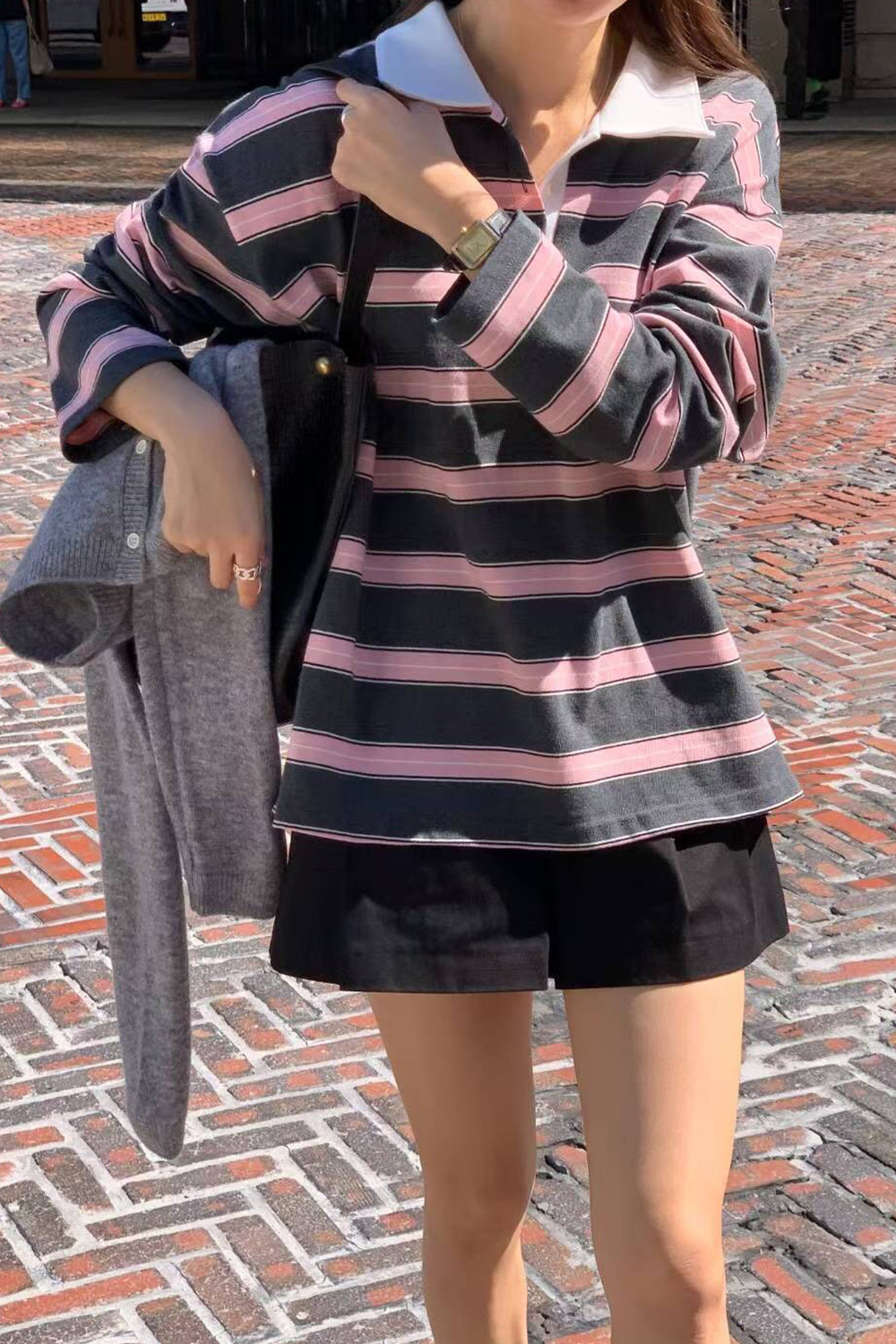 練習生 條紋寬鬆POLO衫