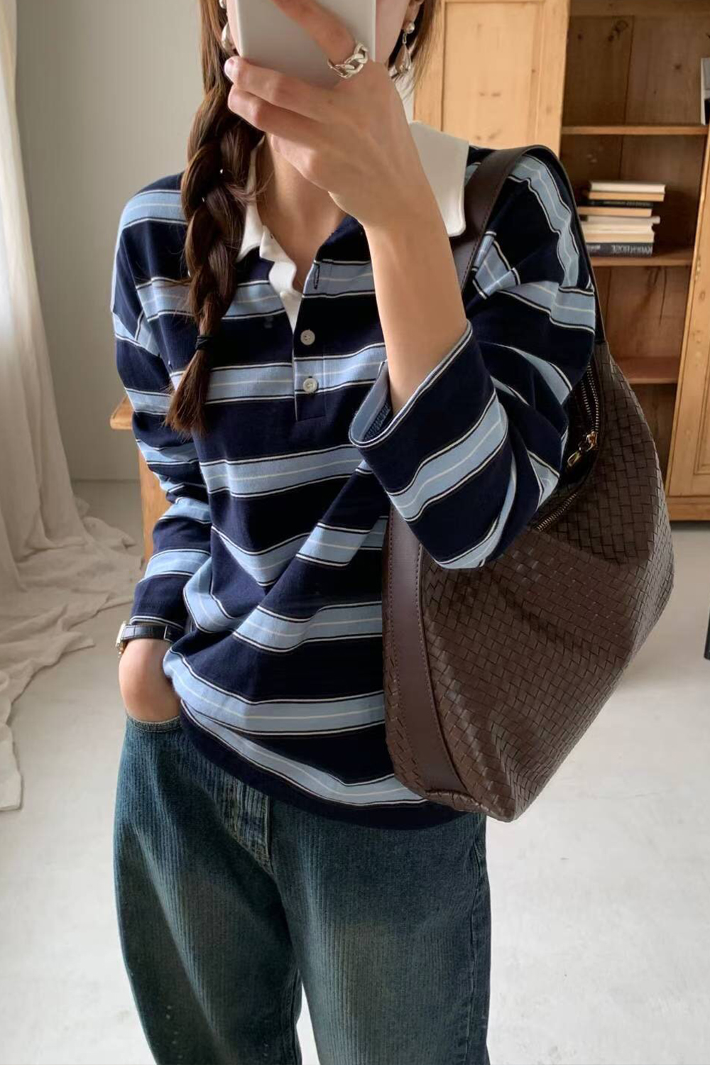 練習生 條紋寬鬆POLO衫