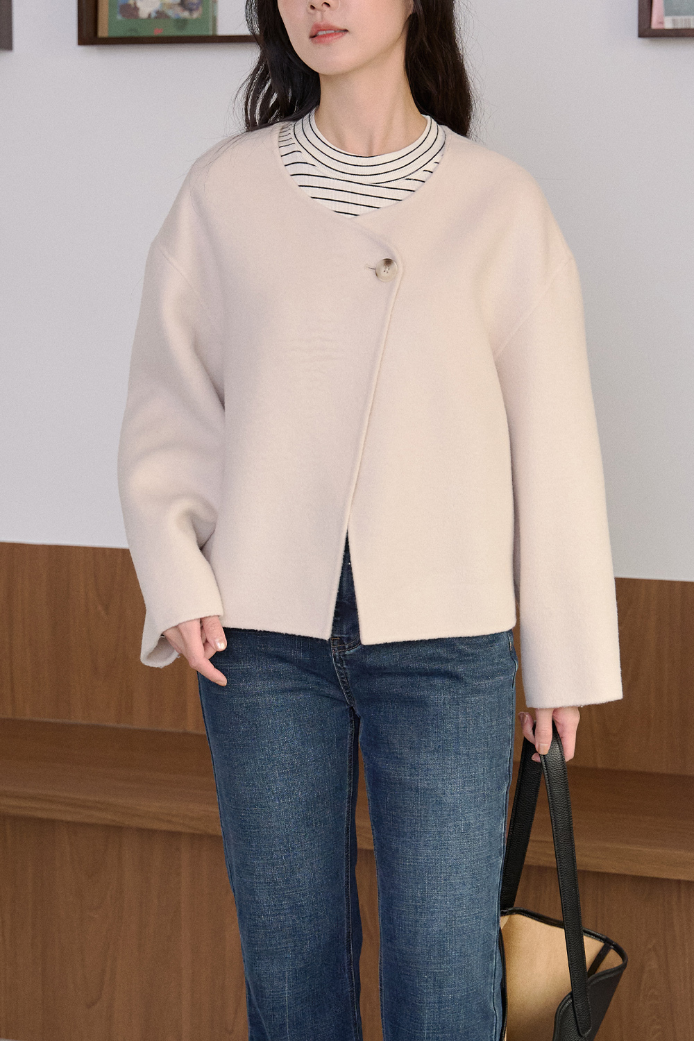 HEALER Made 香榭大道 100%羊毛無領單釦圍巾外套