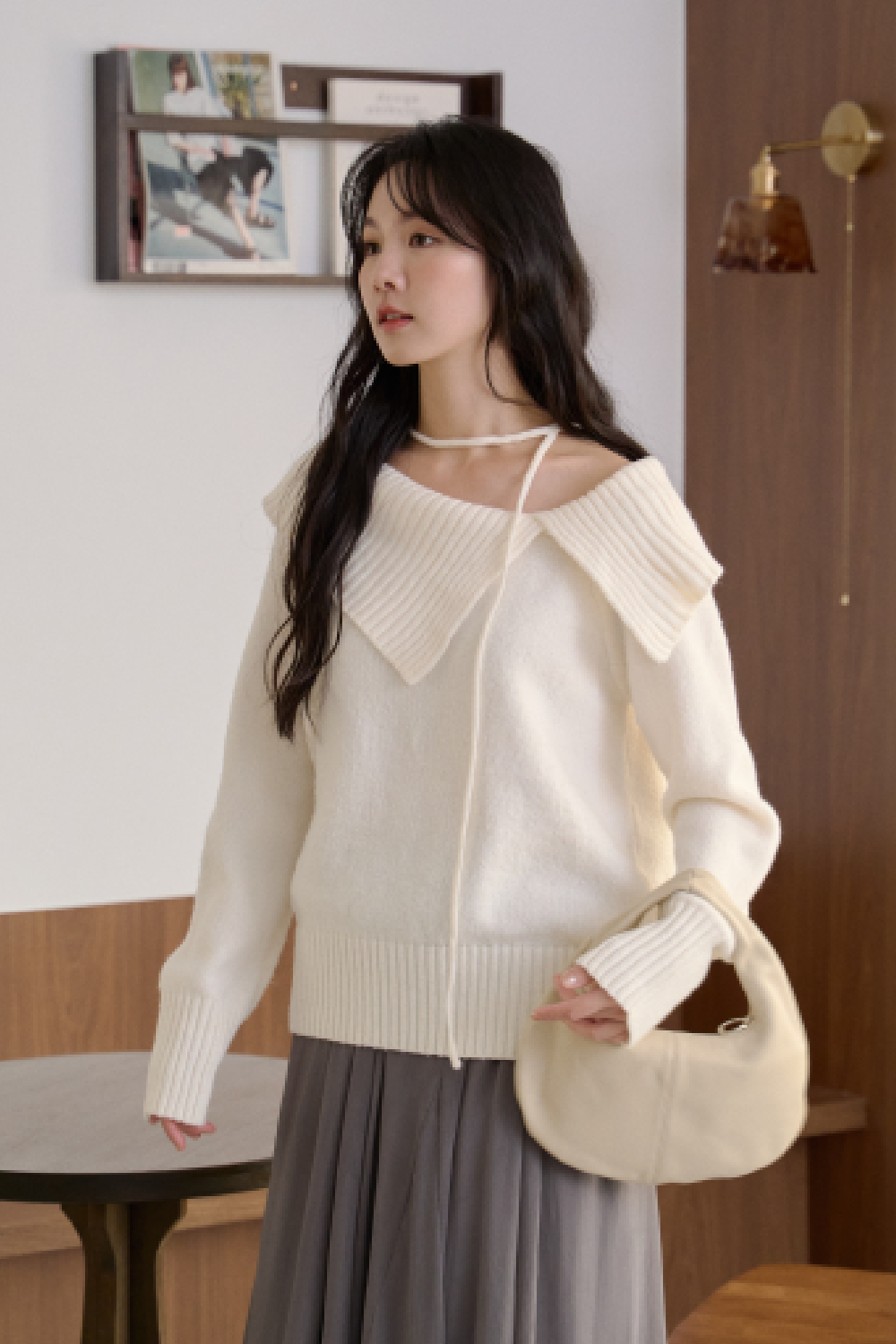 現正曖昧中 翻領露肩針織毛衣