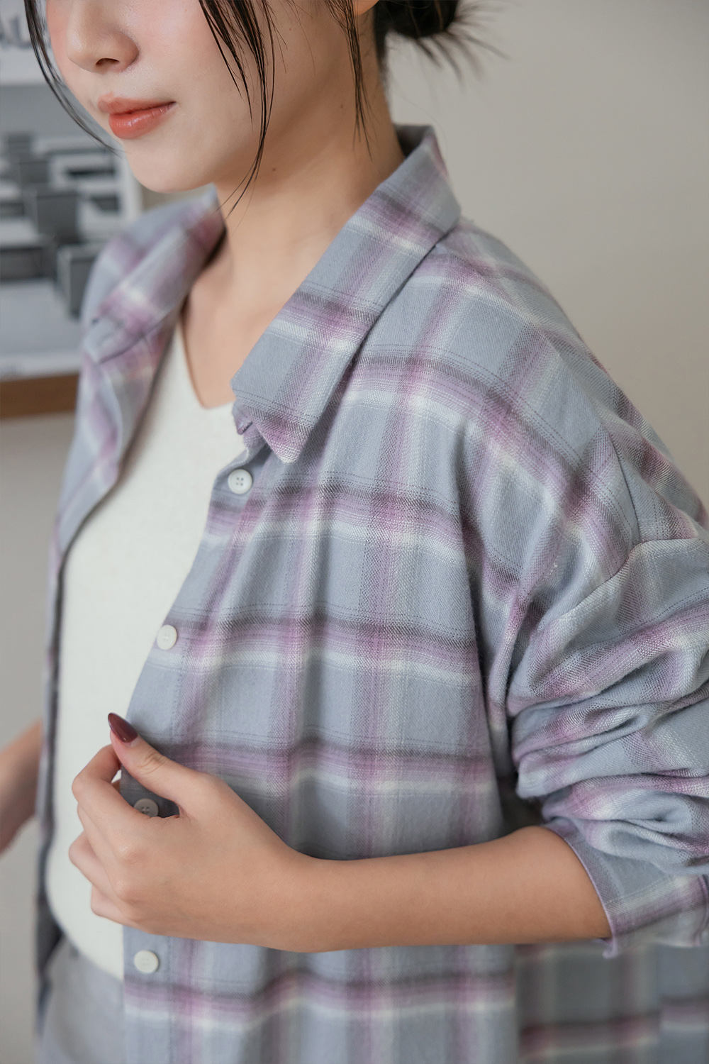 泡泡糖 磨毛寬鬆格紋襯衫