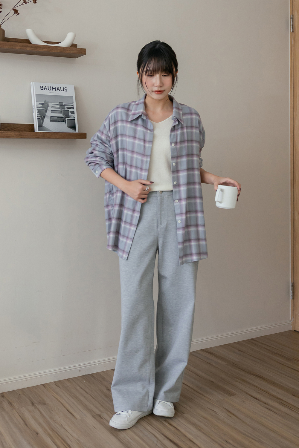 泡泡糖 磨毛寬鬆格紋襯衫