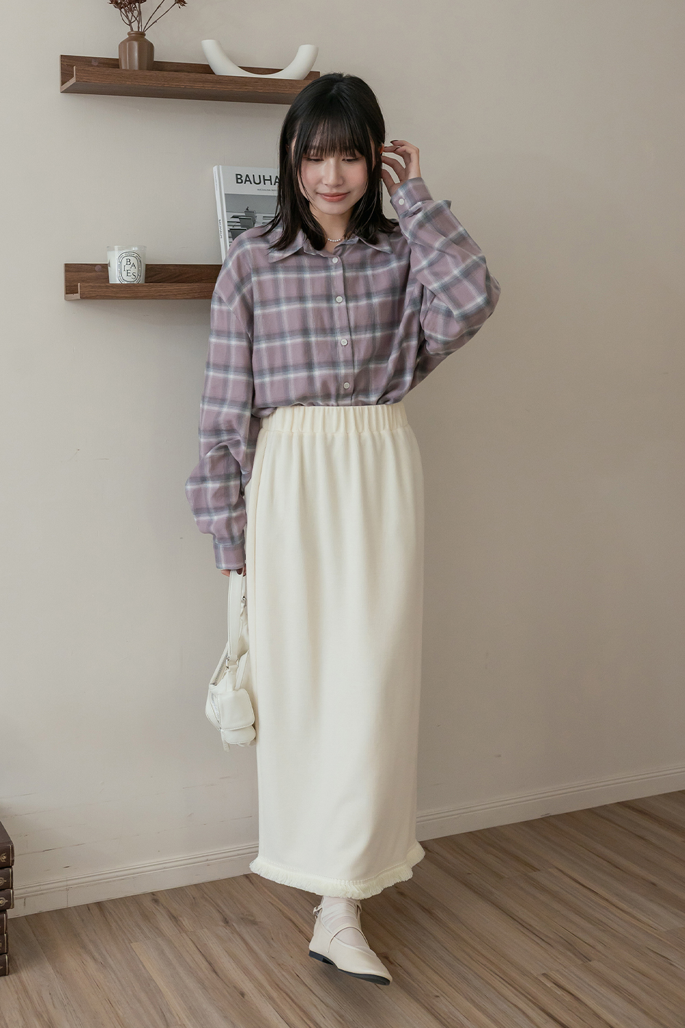 泡泡糖 磨毛寬鬆格紋襯衫