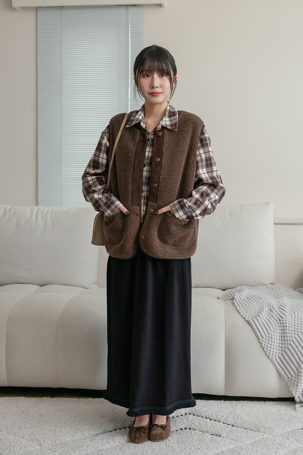 偵探小姐 雙口袋磨毛短版格紋襯衫