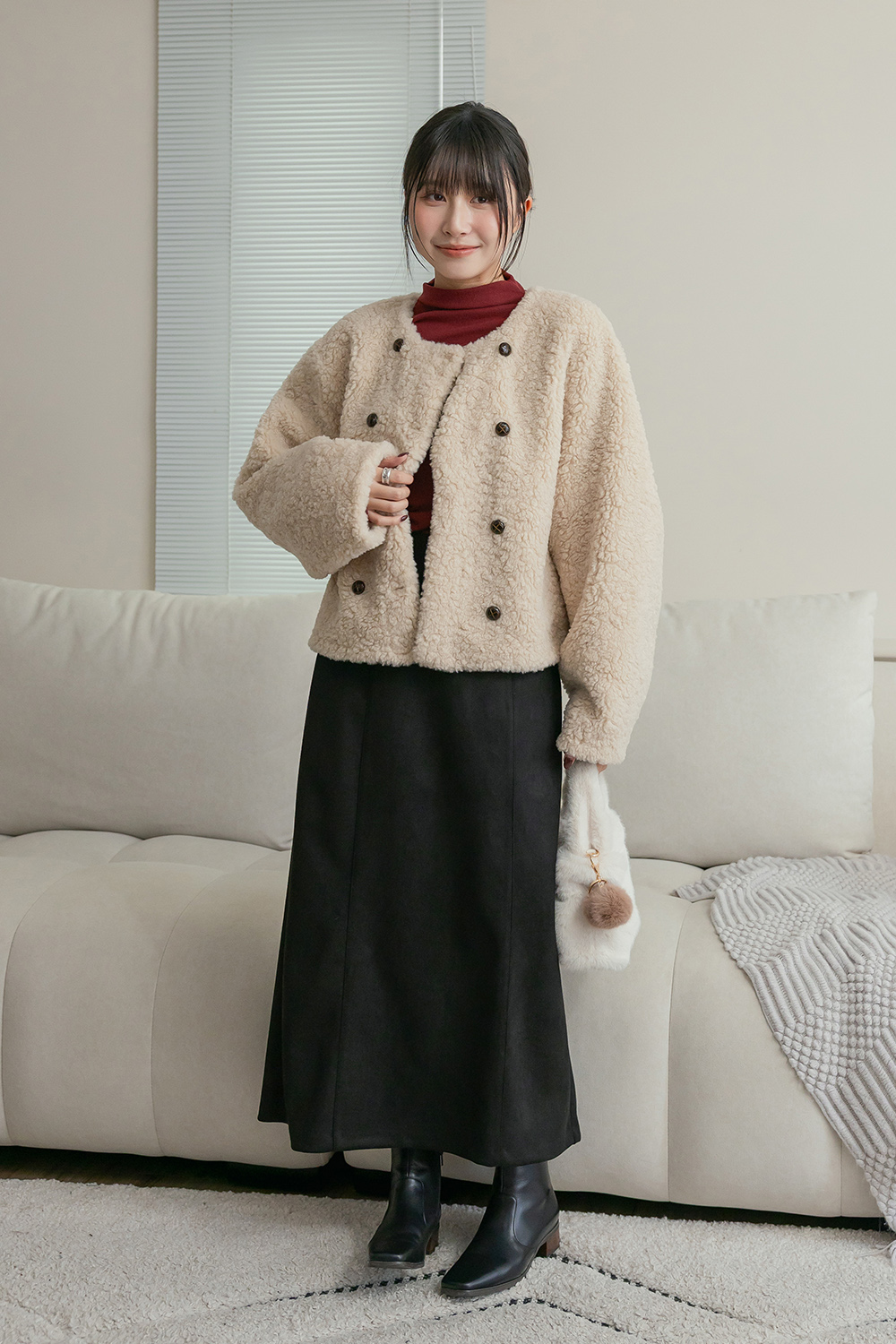可愛登場 雙排釦羔羊毛外套