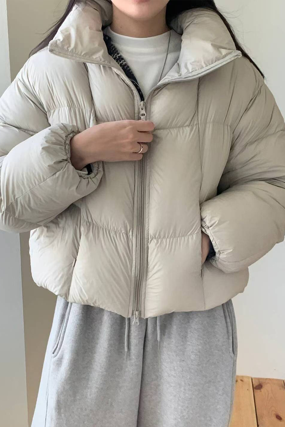 寶劍同款 立領方格羽絨外套