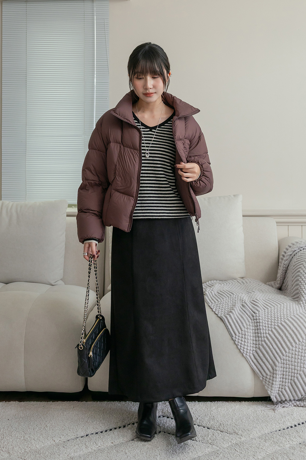 寶劍同款 立領方格羽絨外套