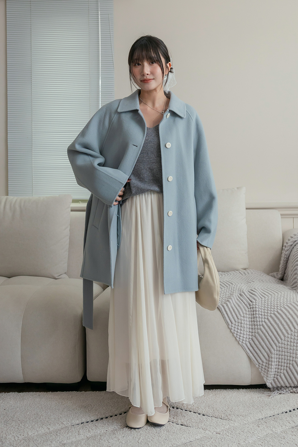 夢幻彩度 羊毛綁帶中長版大衣