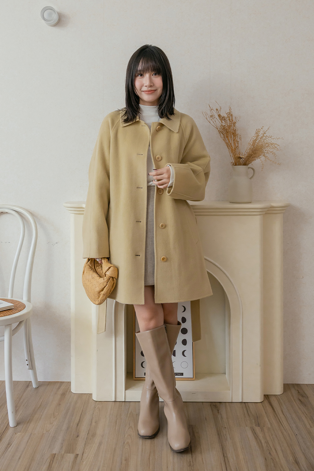 夢幻彩度 羊毛綁帶中長版大衣