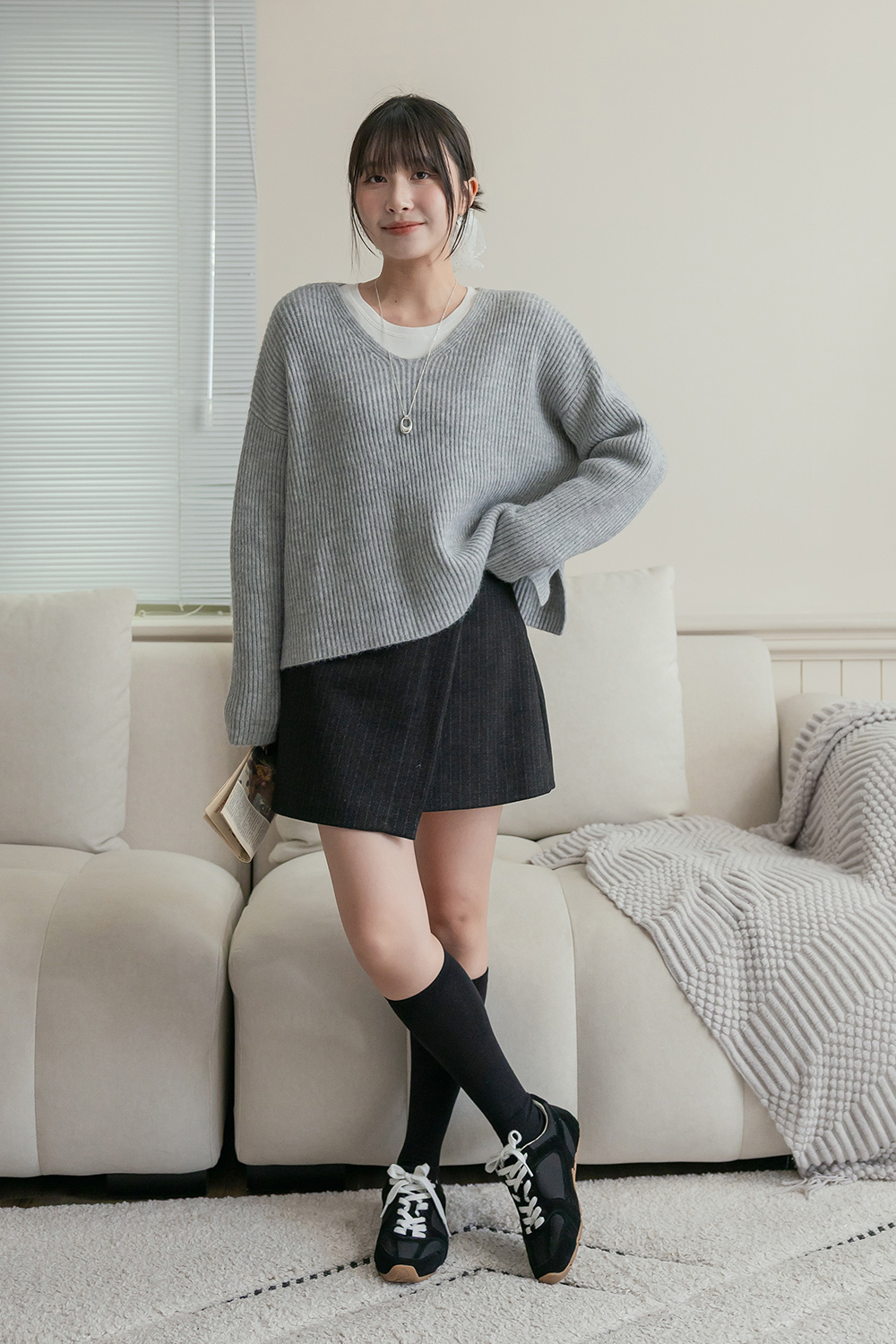 精緻層次 細直紋磨毛斜片短褲裙