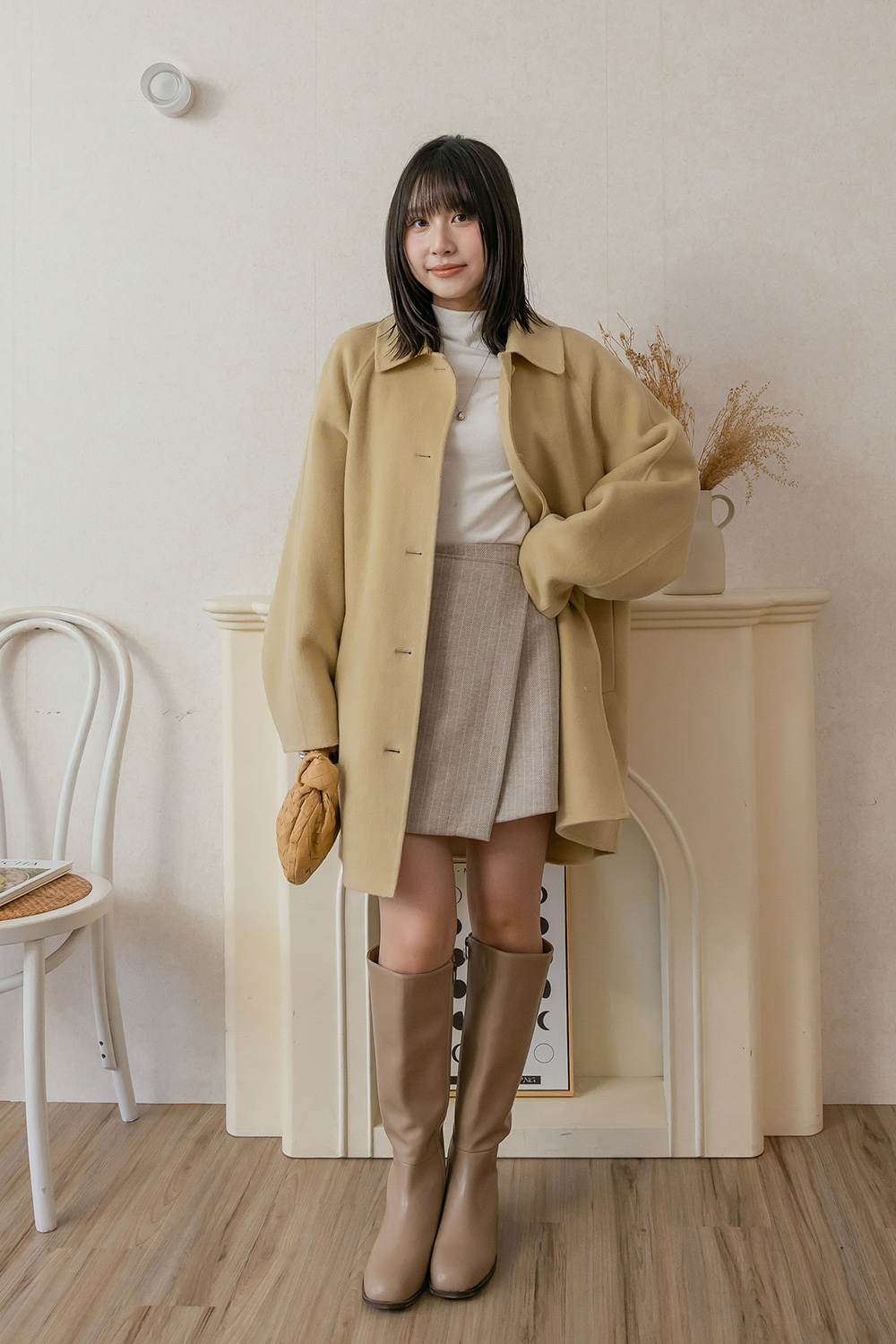 精緻層次 細直紋磨毛斜片短褲裙