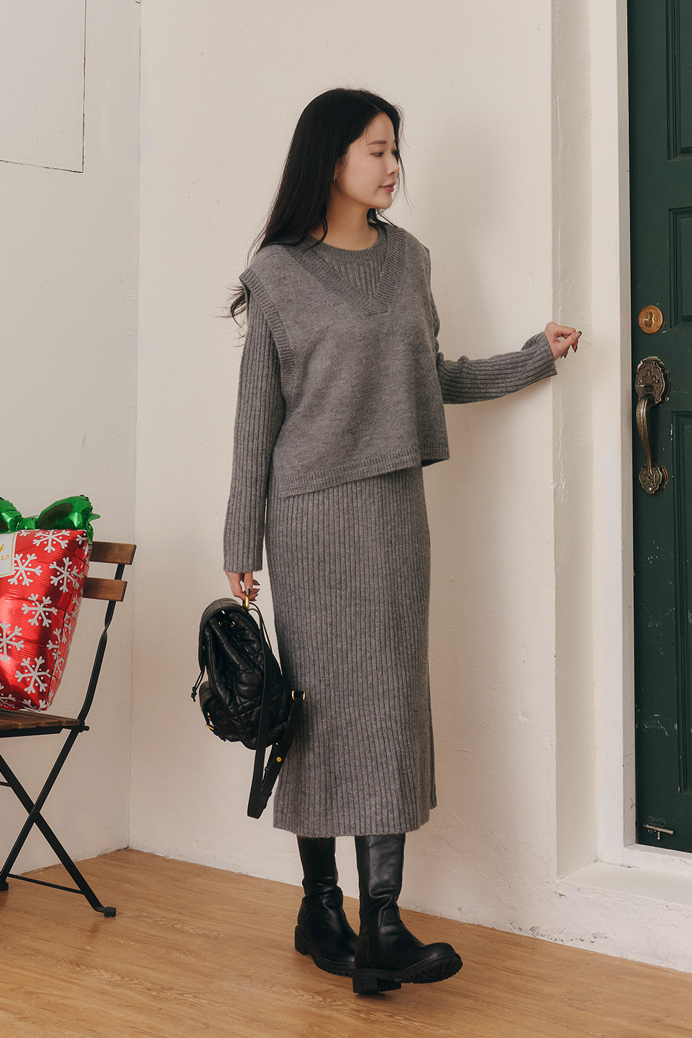 HEALER Made 貝諾松 V領背心坑條針織長洋裝