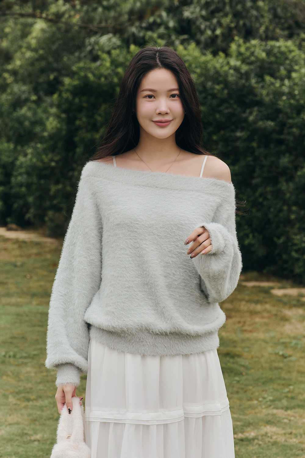 HEALER Made 漂亮的總和 毛絨一字領針織雪紡蛋糕洋裝