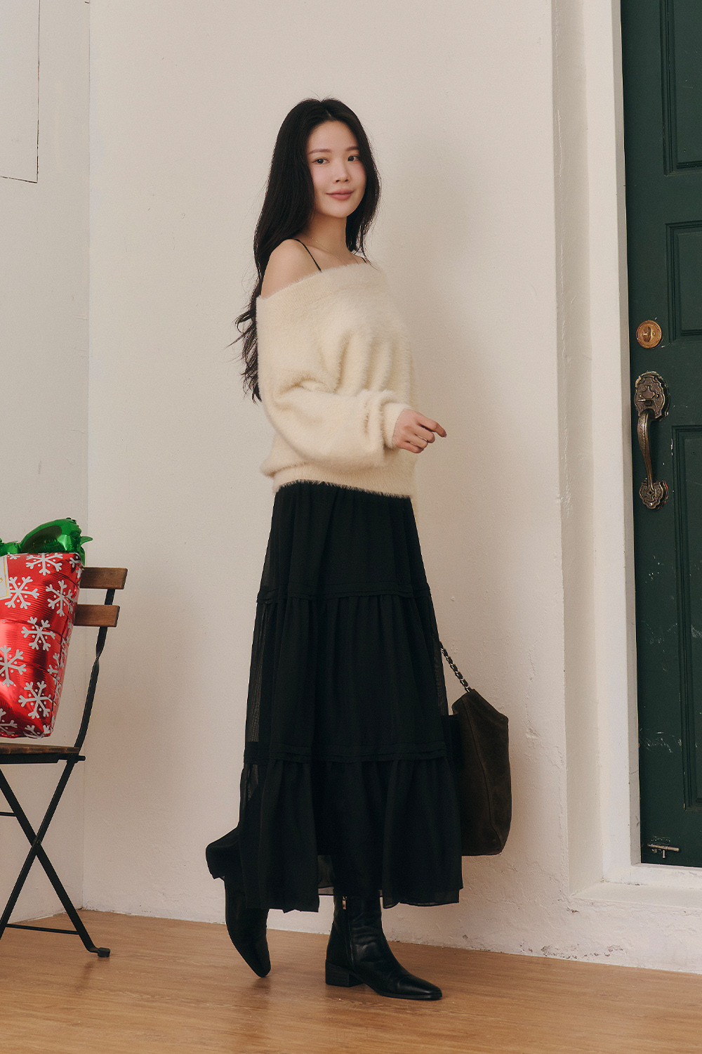 HEALER Made 漂亮的總和 毛絨一字領針織雪紡蛋糕洋裝