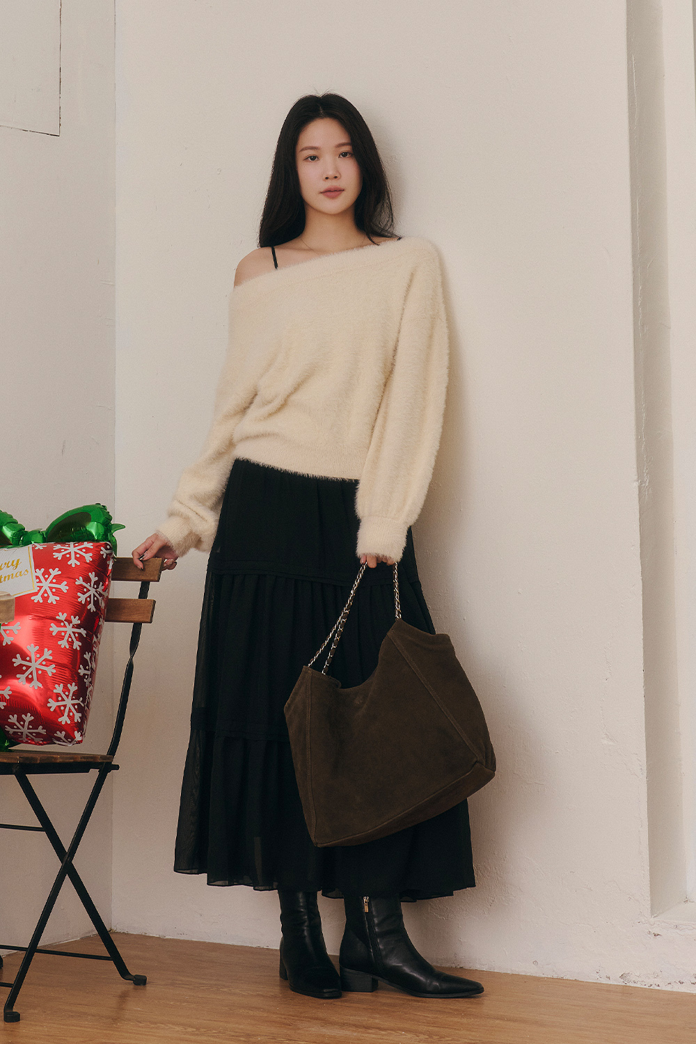 HEALER Made 漂亮的總和 毛絨一字領針織雪紡蛋糕洋裝