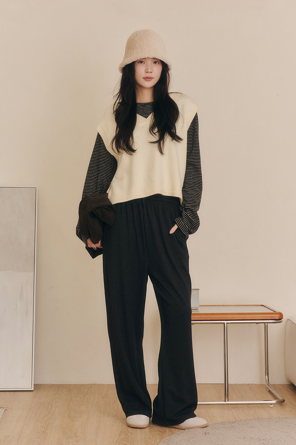 不小心包色 條紋磨毛短版長袖T