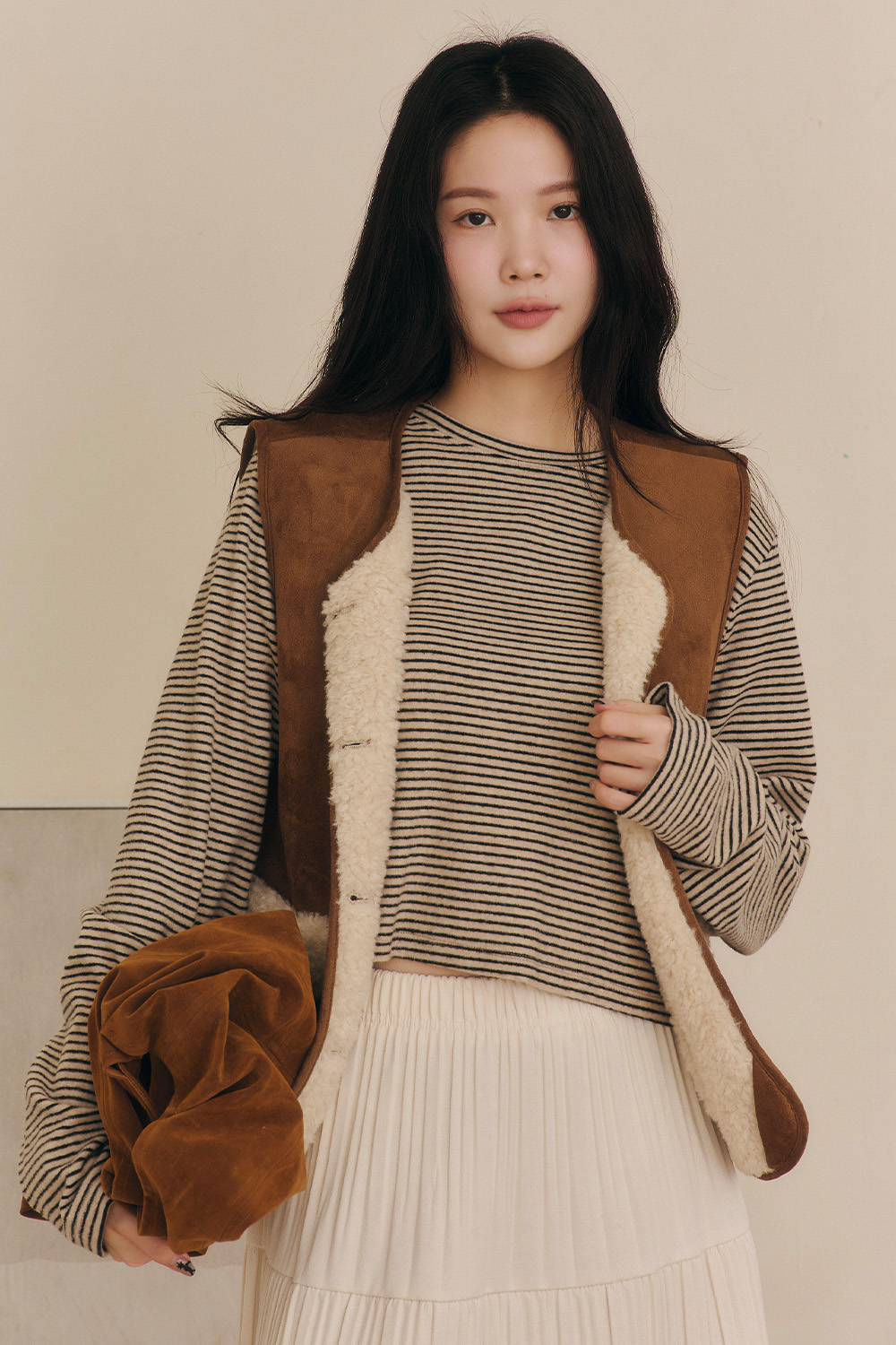 不小心包色 條紋磨毛短版長袖T