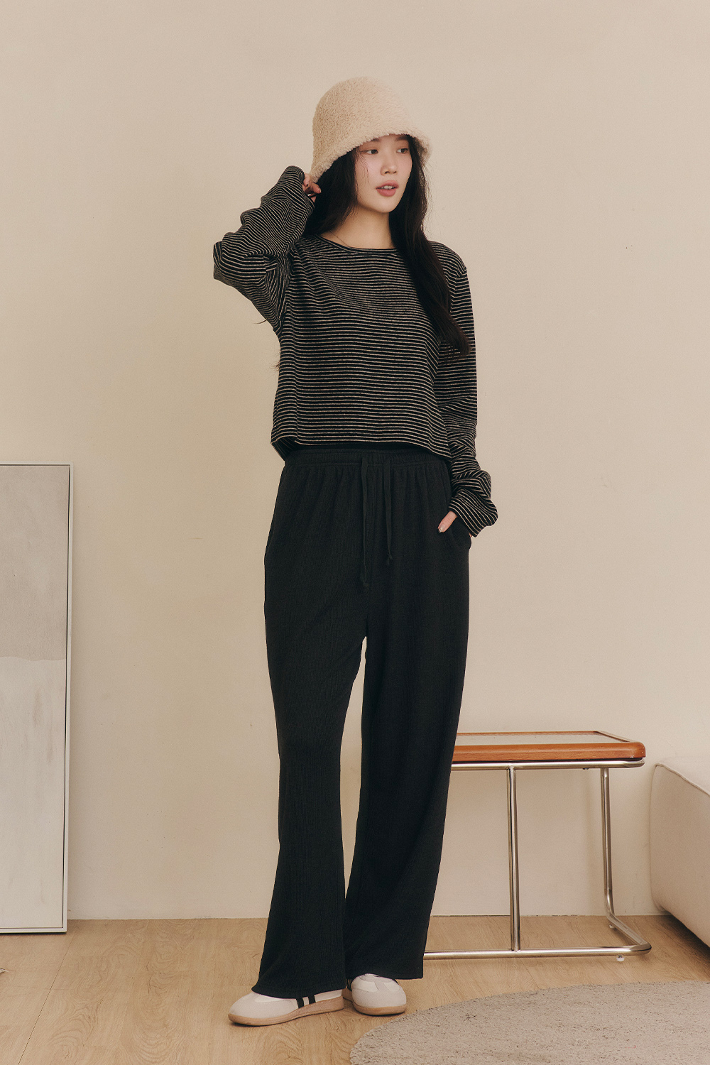 不小心包色 條紋磨毛短版長袖T