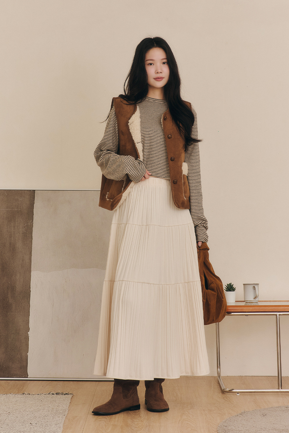 不小心包色 條紋磨毛短版長袖T