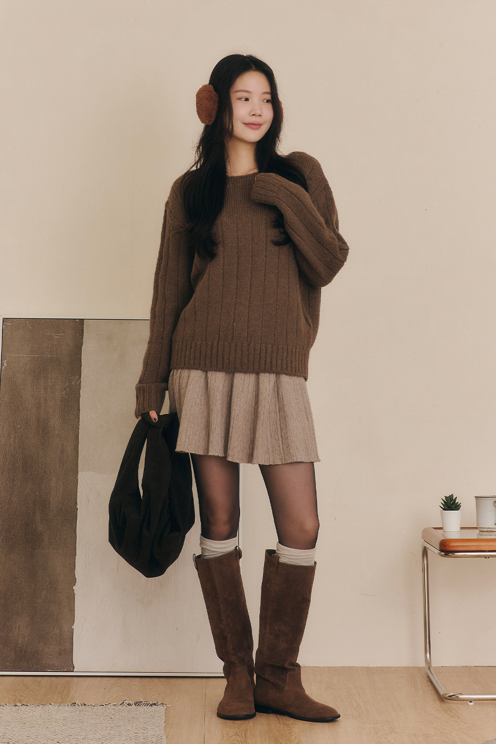 雪森可可 寬直紋船領針織毛衣