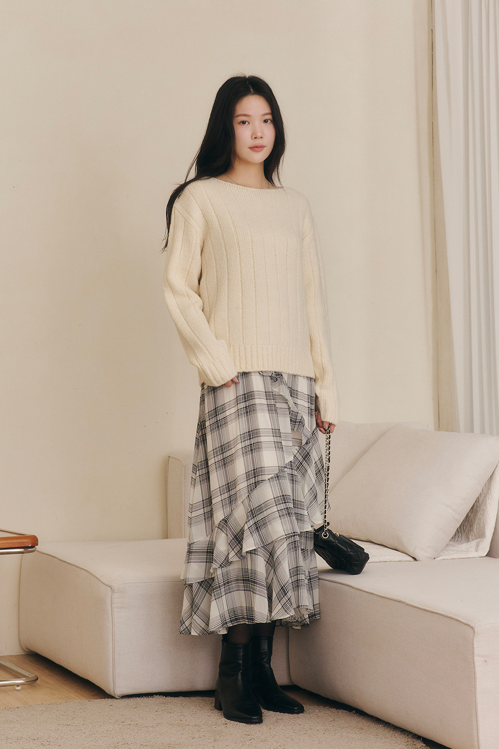 雪森可可 寬直紋船領針織毛衣