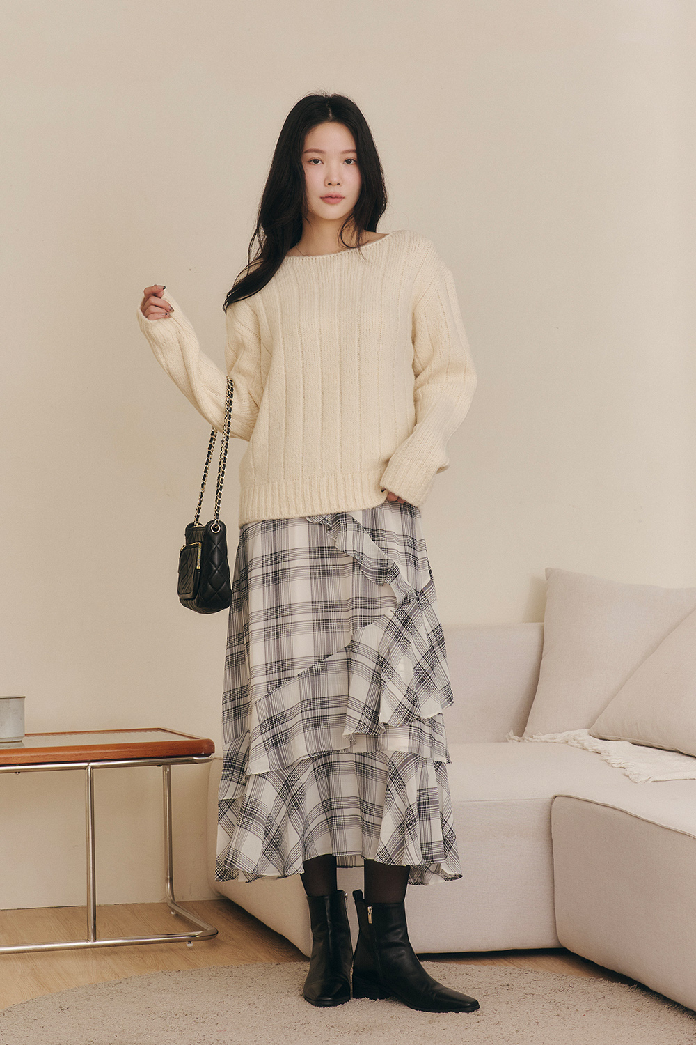 雪森可可 寬直紋船領針織毛衣