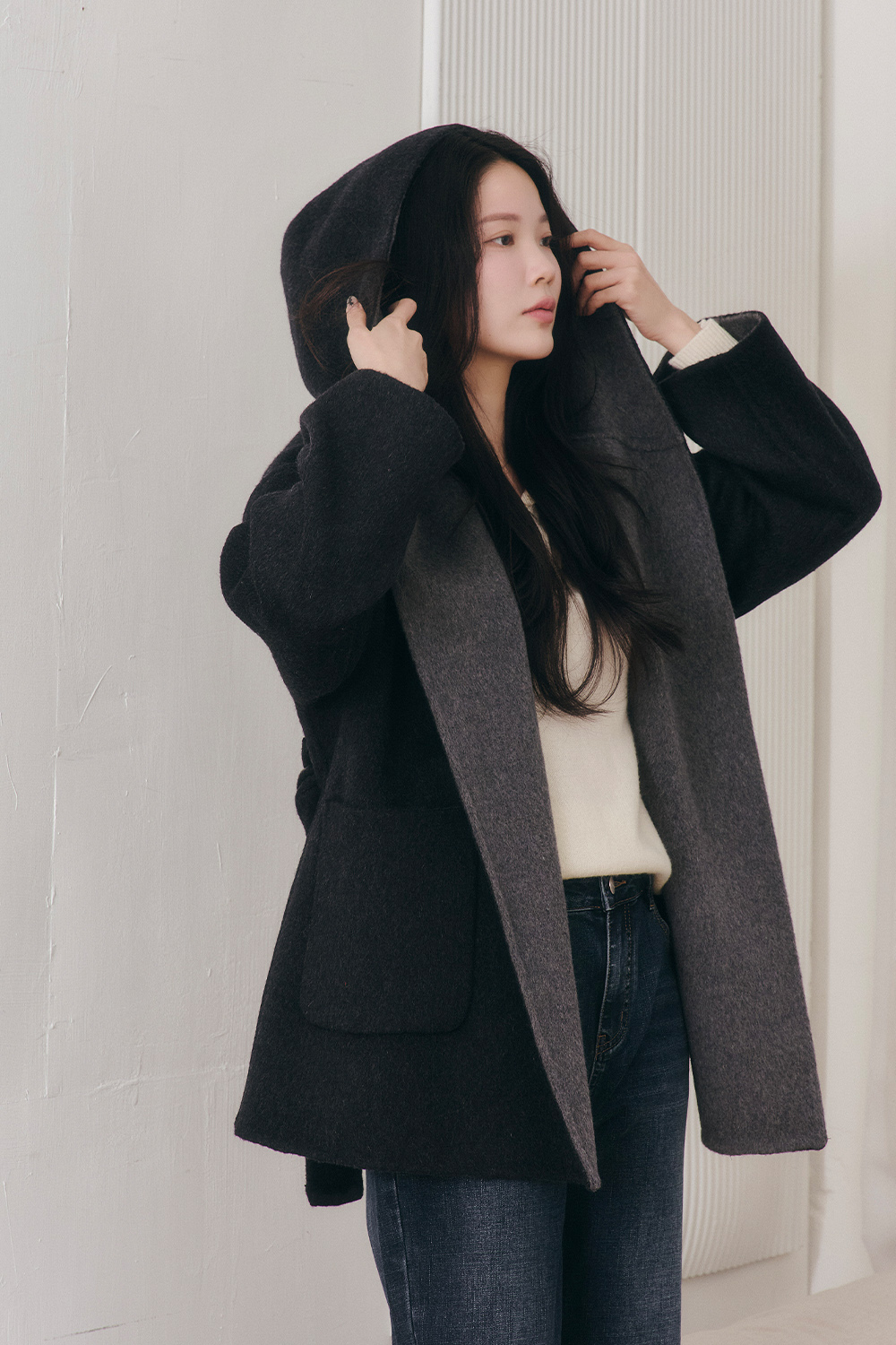 深夜呢語 雙色連帽羊毛大衣