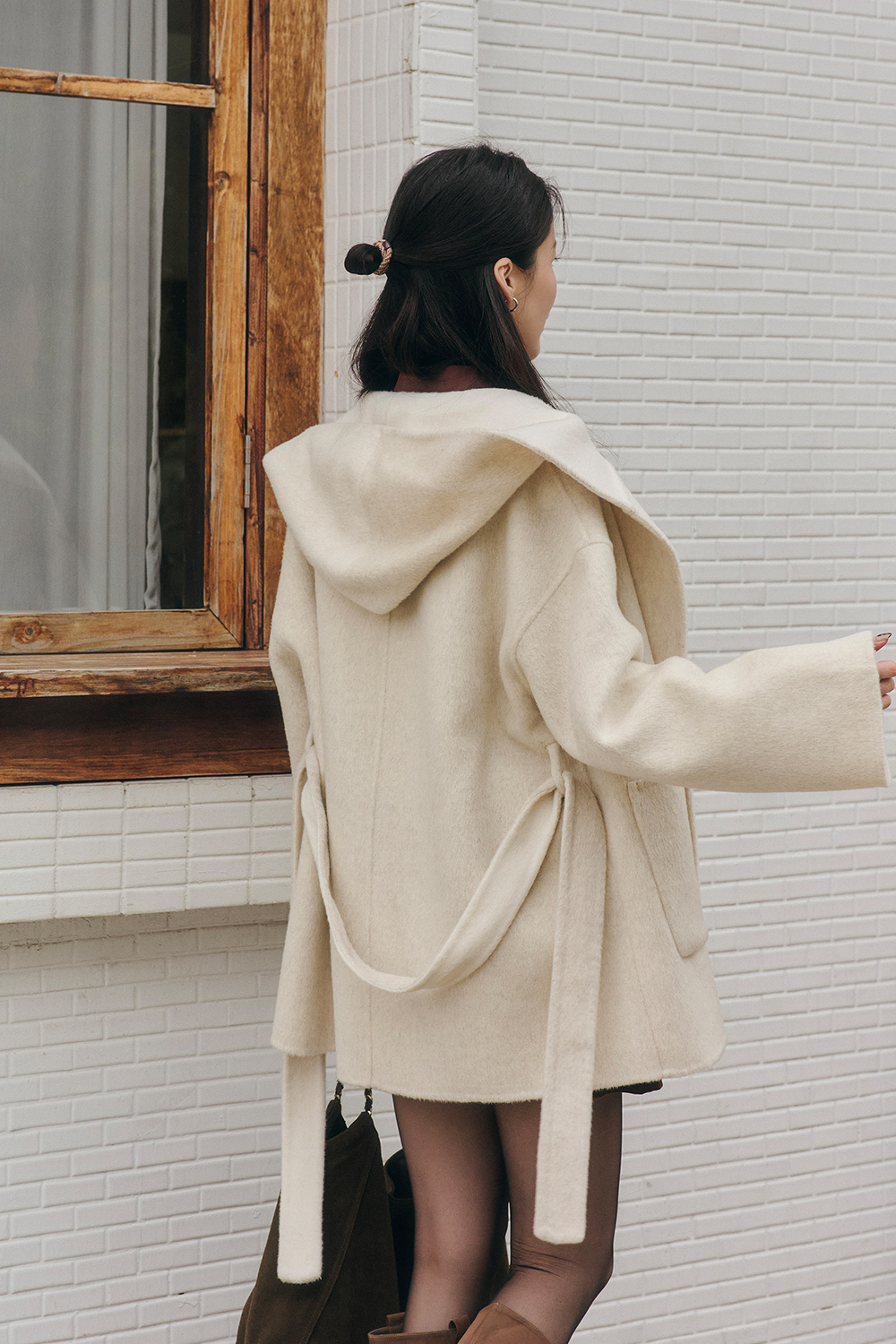 深夜呢語 雙色連帽羊毛大衣