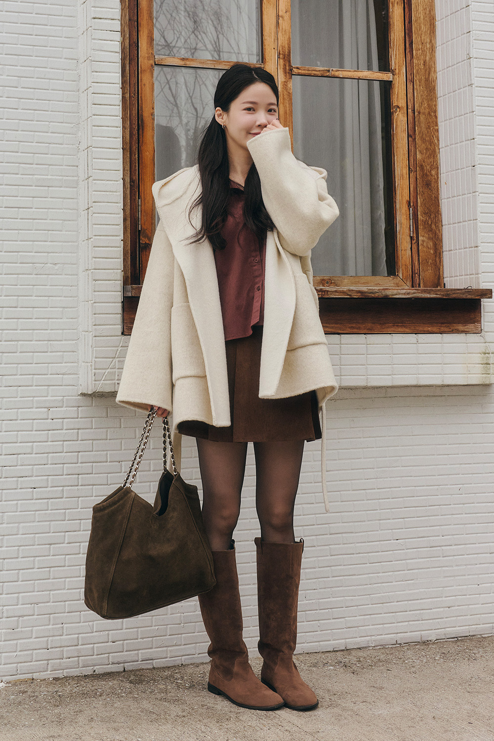 深夜呢語 雙色連帽羊毛大衣