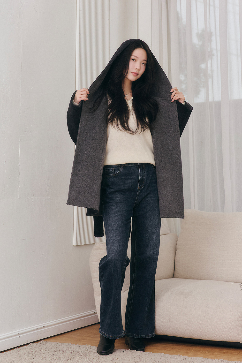 深夜呢語 雙色連帽羊毛大衣