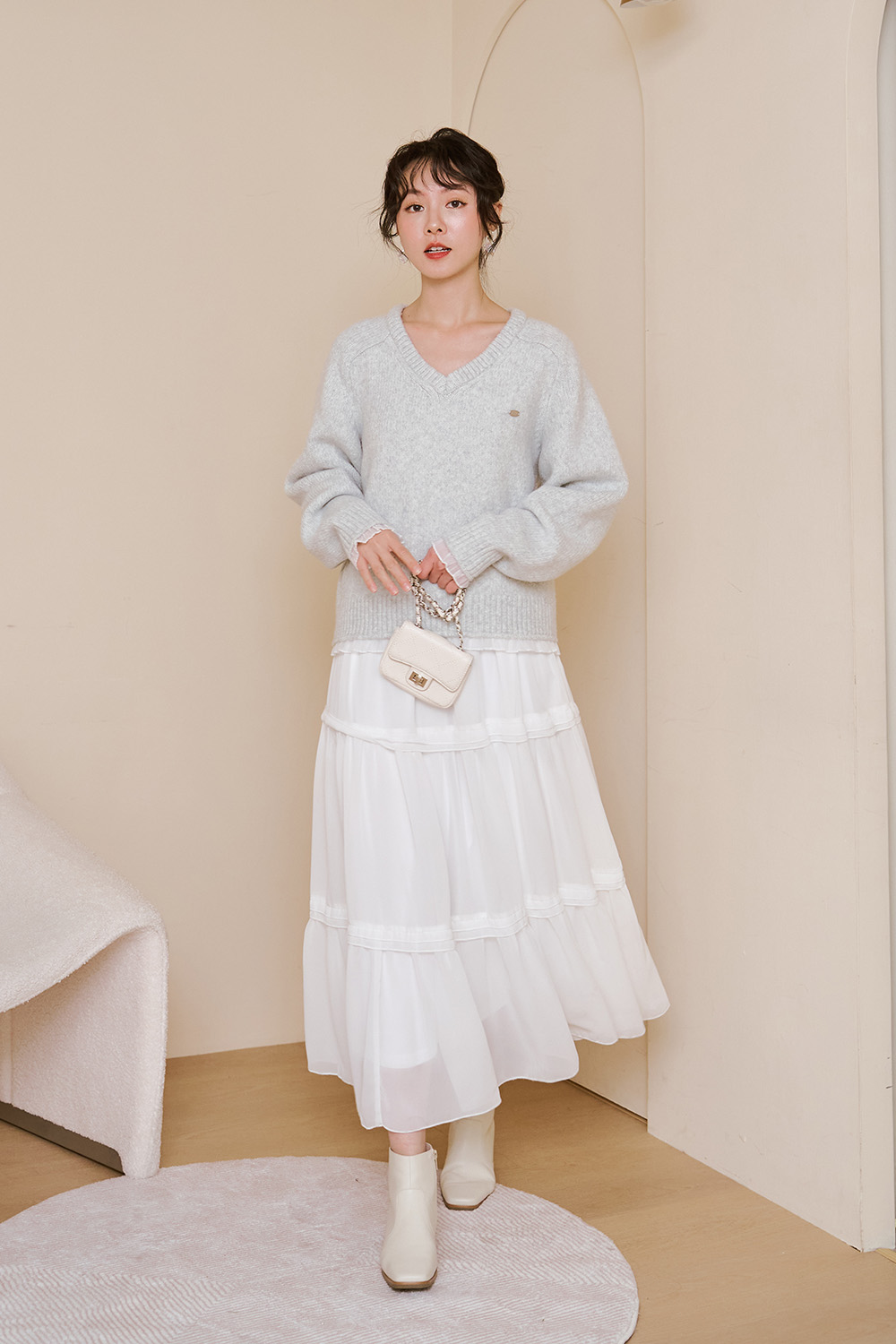 童話夢境 V領雪紡滾邊針織毛衣