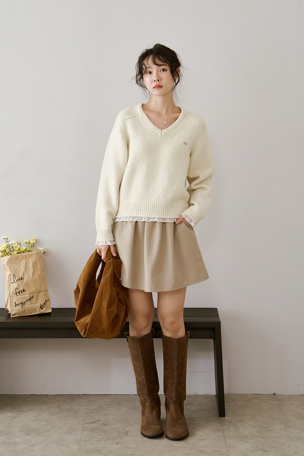 童話夢境 V領雪紡滾邊針織毛衣