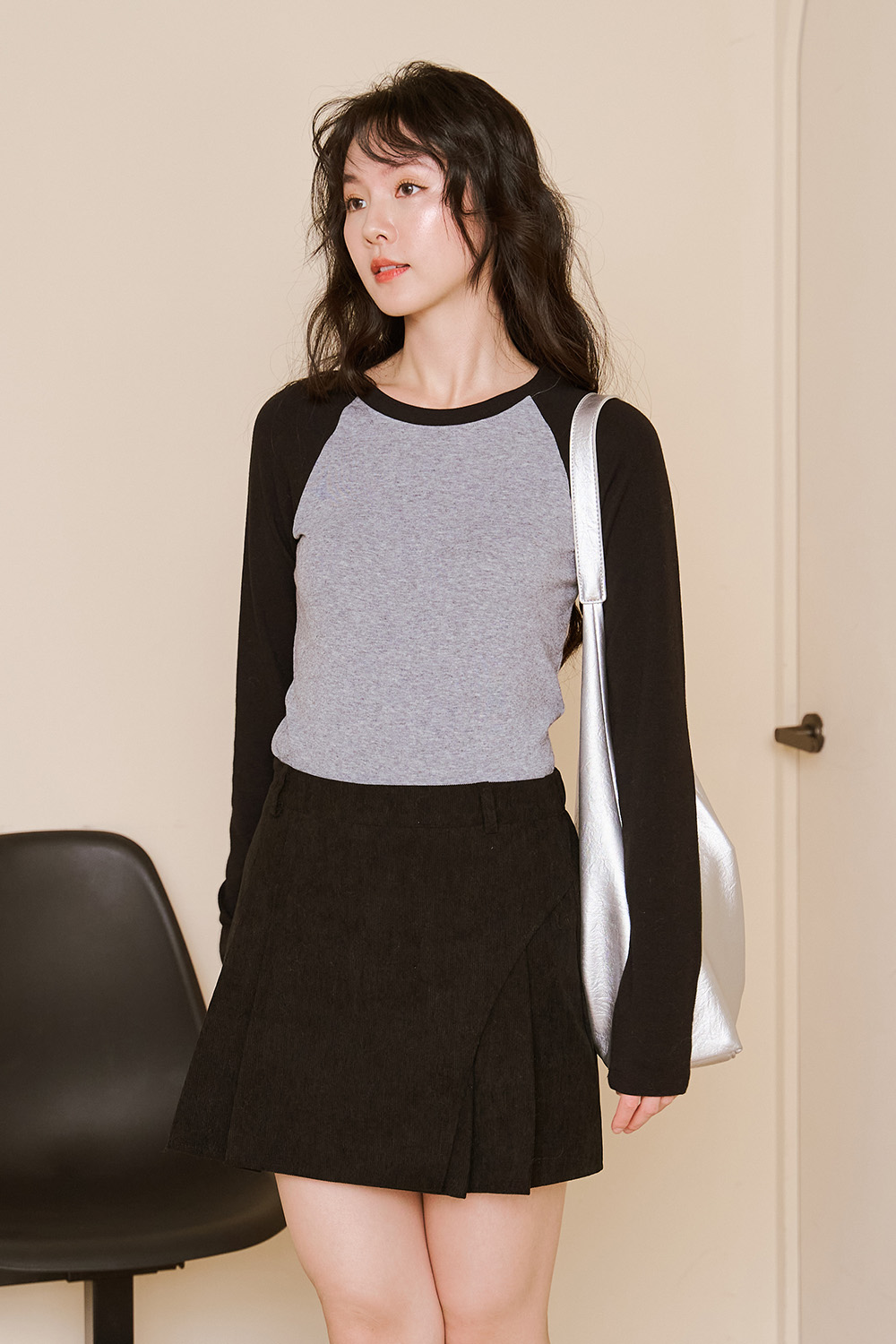 換日線 拼色修身拉克蘭長袖T