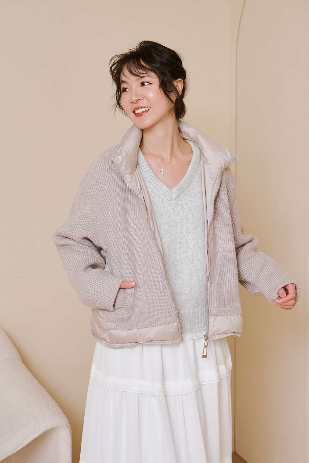 自帶優質感 立領針織拼接鋪棉外套