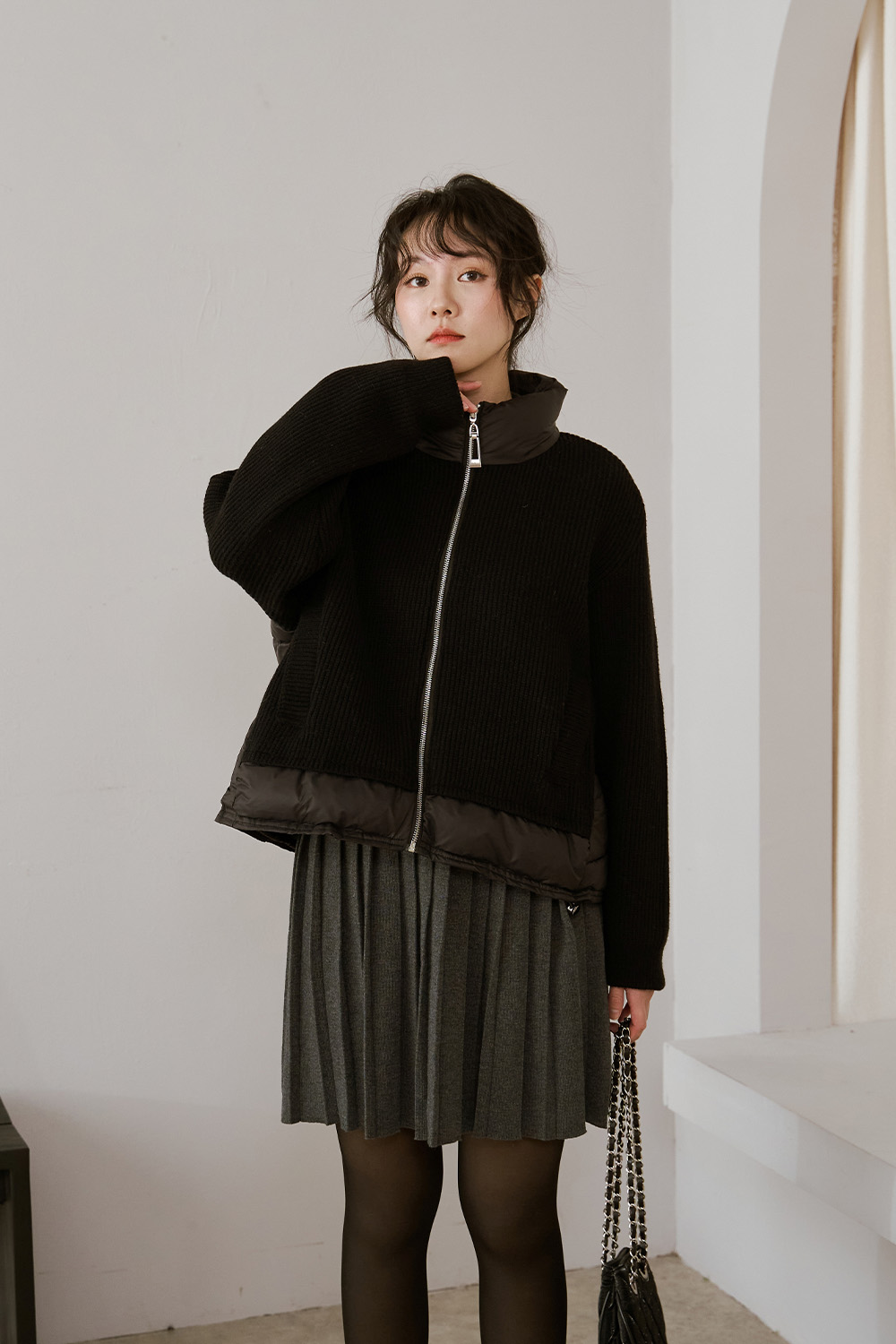 自帶優質感 立領針織拼接鋪棉外套