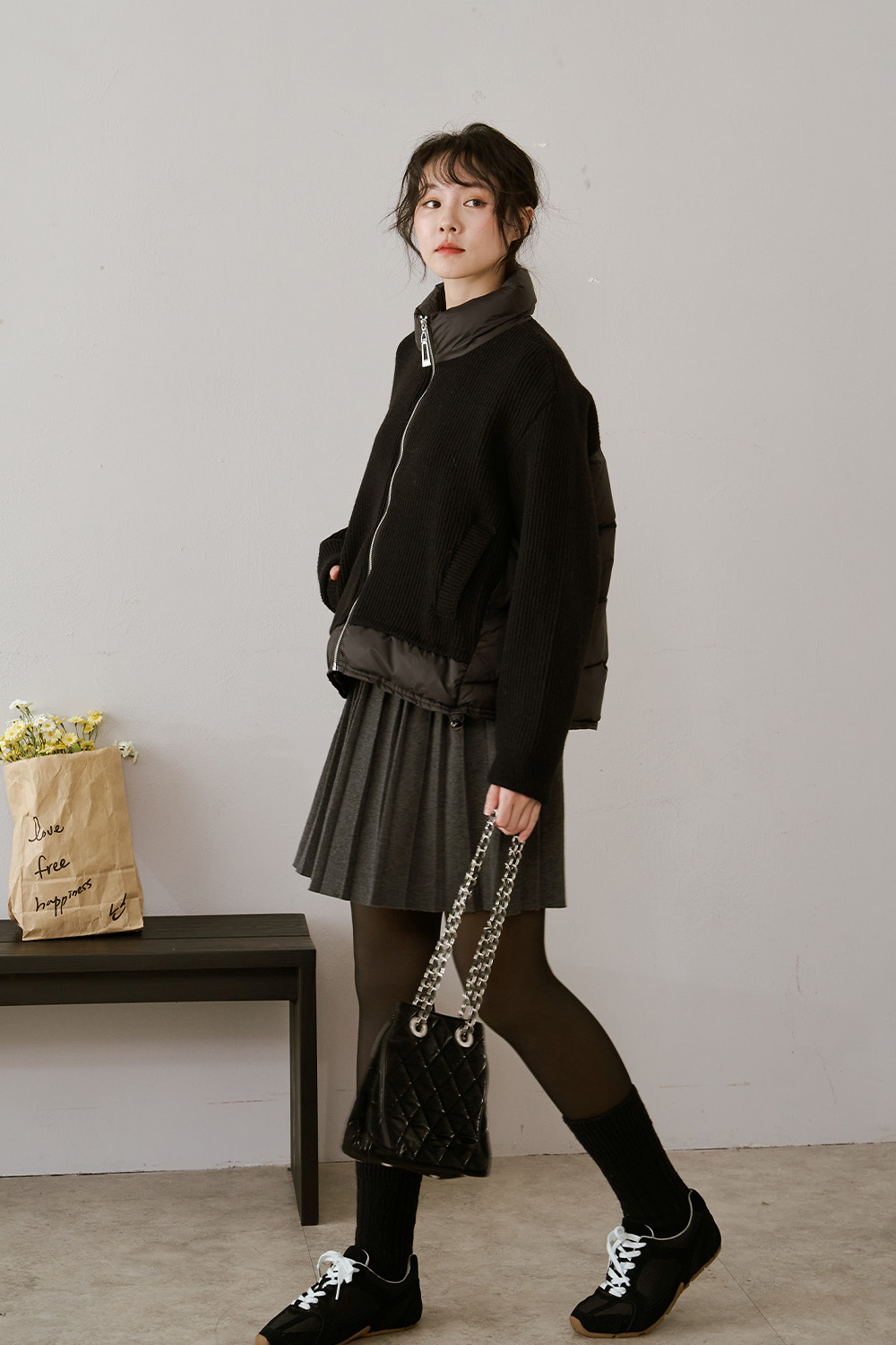 自帶優質感 立領針織拼接鋪棉外套