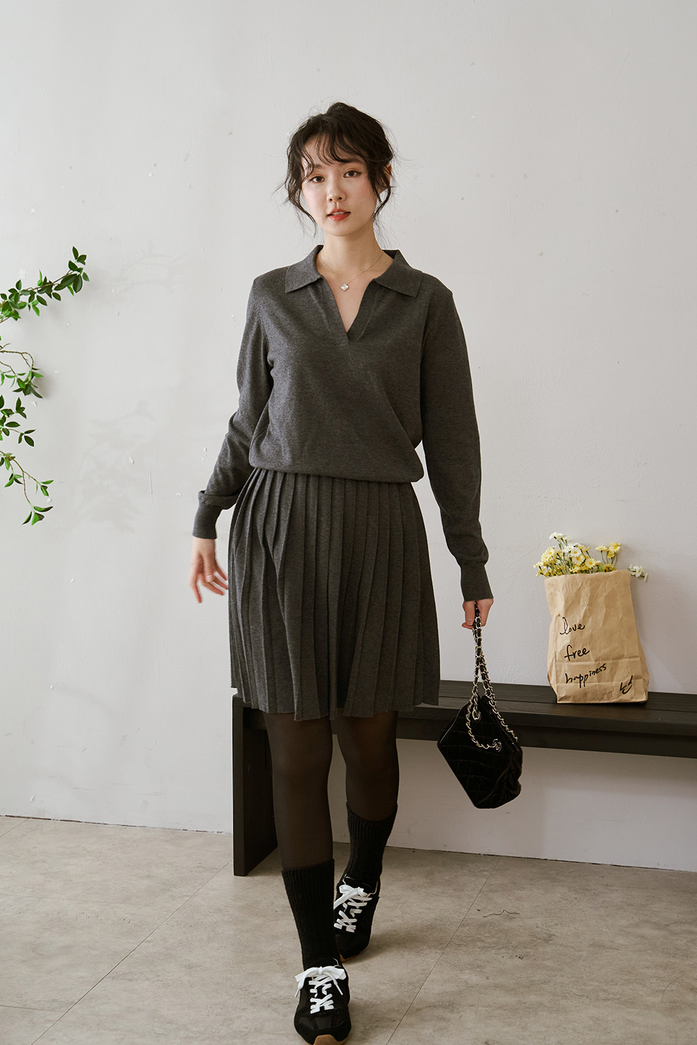 約會五分鐘 翻領針織衫+百褶裙SET