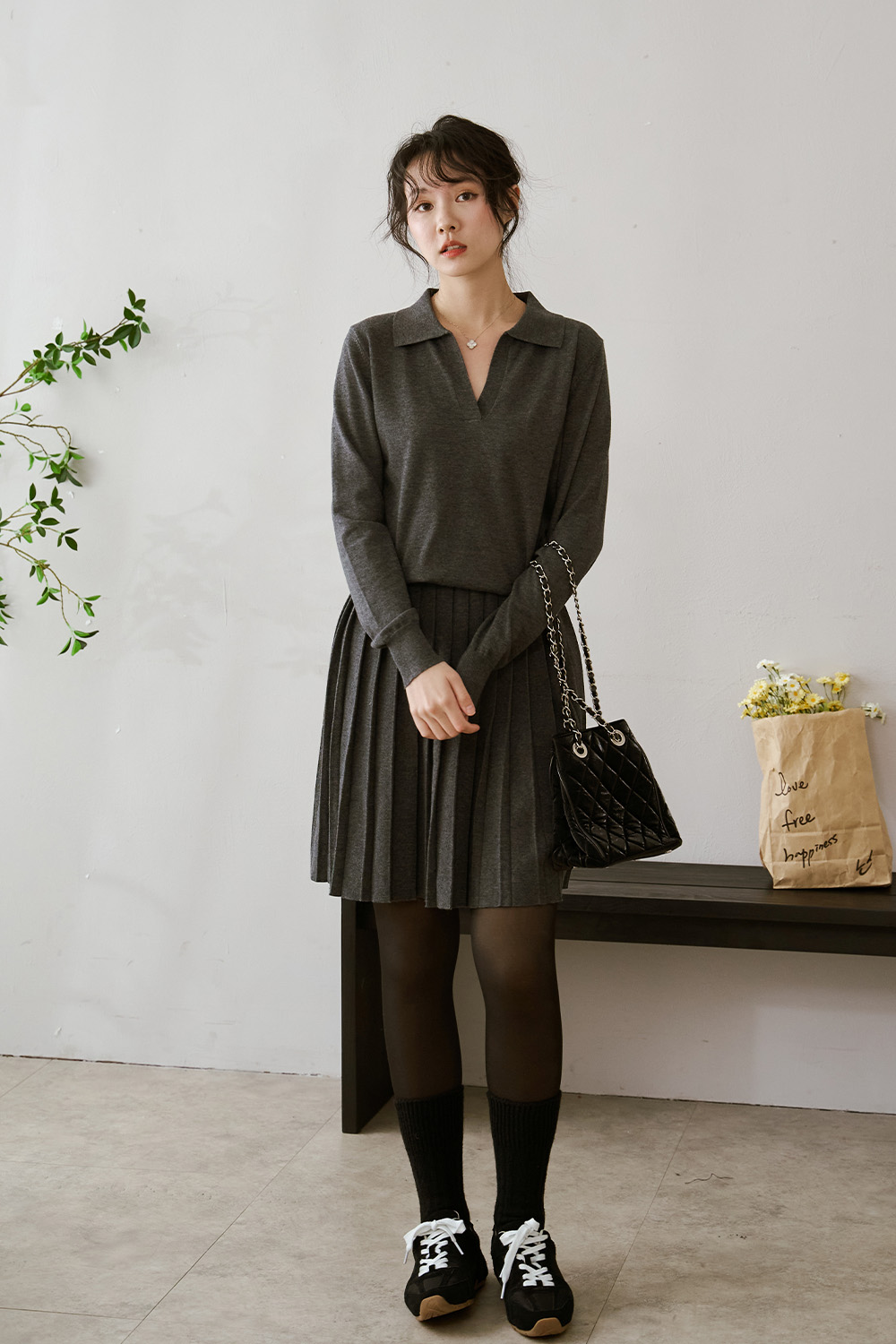 約會五分鐘 翻領針織衫+百褶裙SET