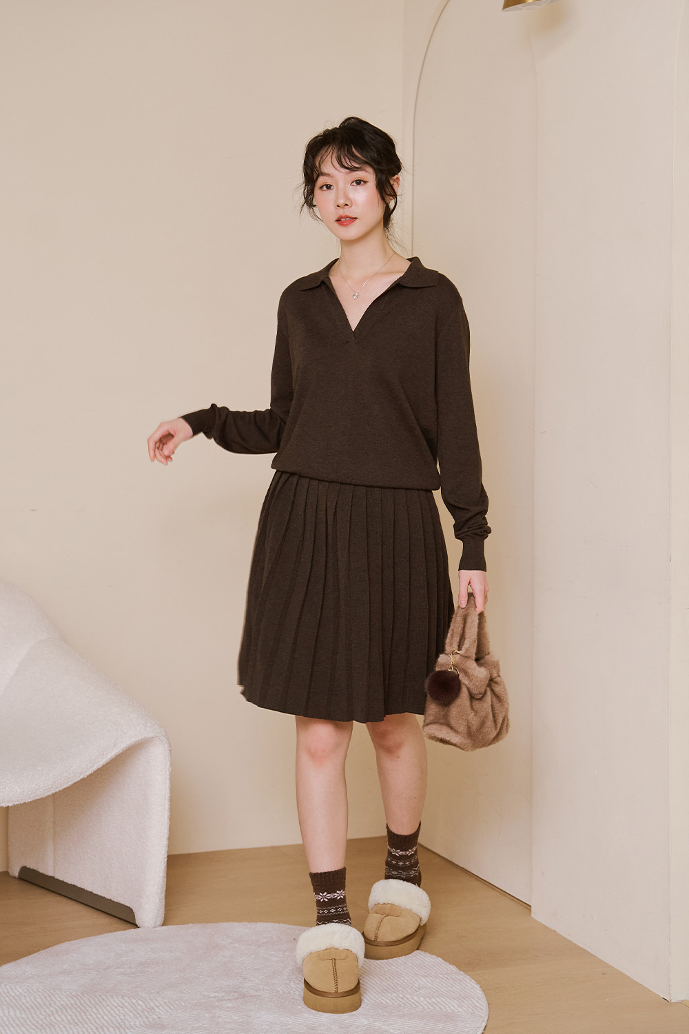 約會五分鐘 翻領針織衫+百褶裙SET