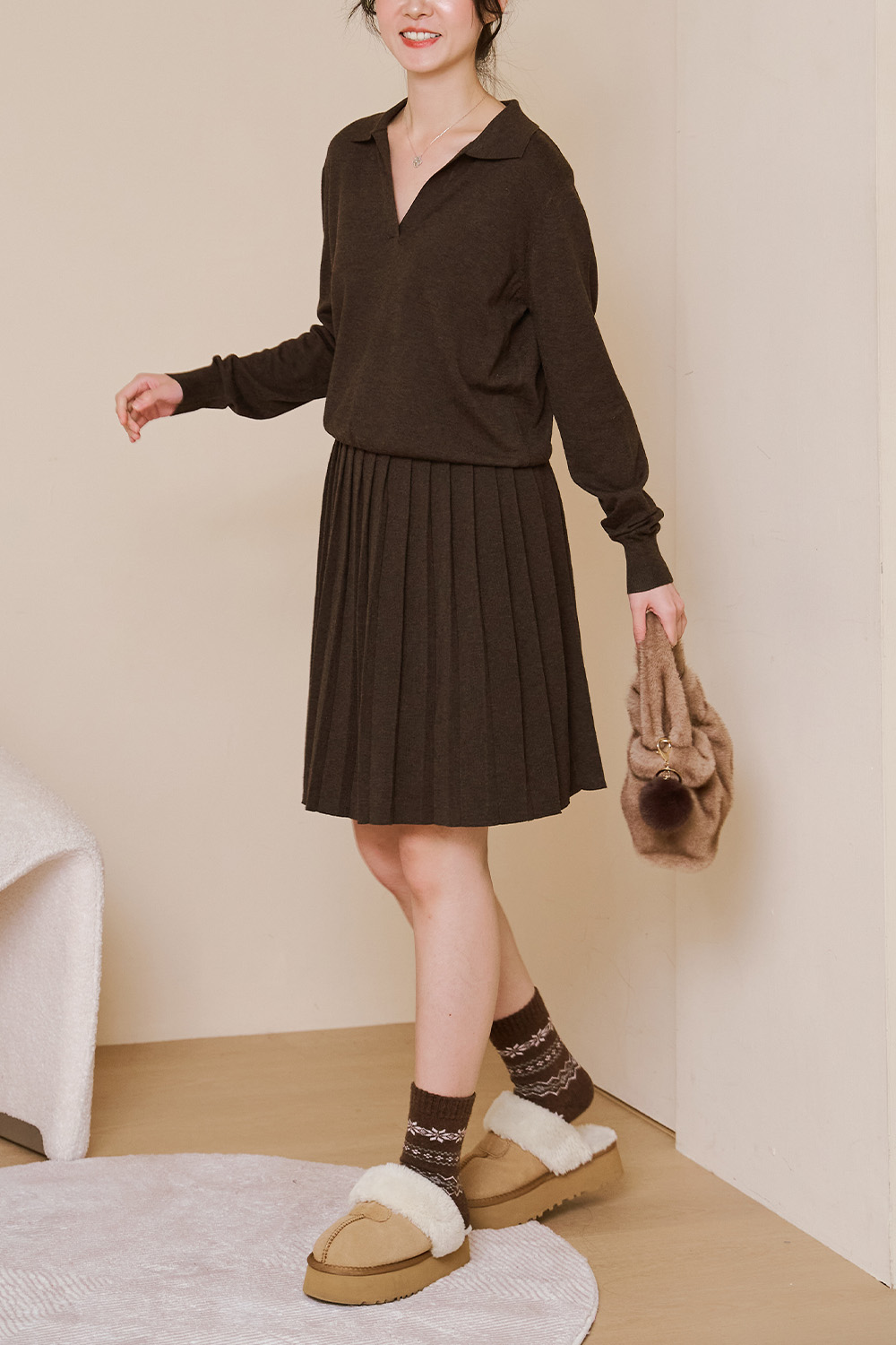 約會五分鐘 翻領針織衫+百褶裙SET