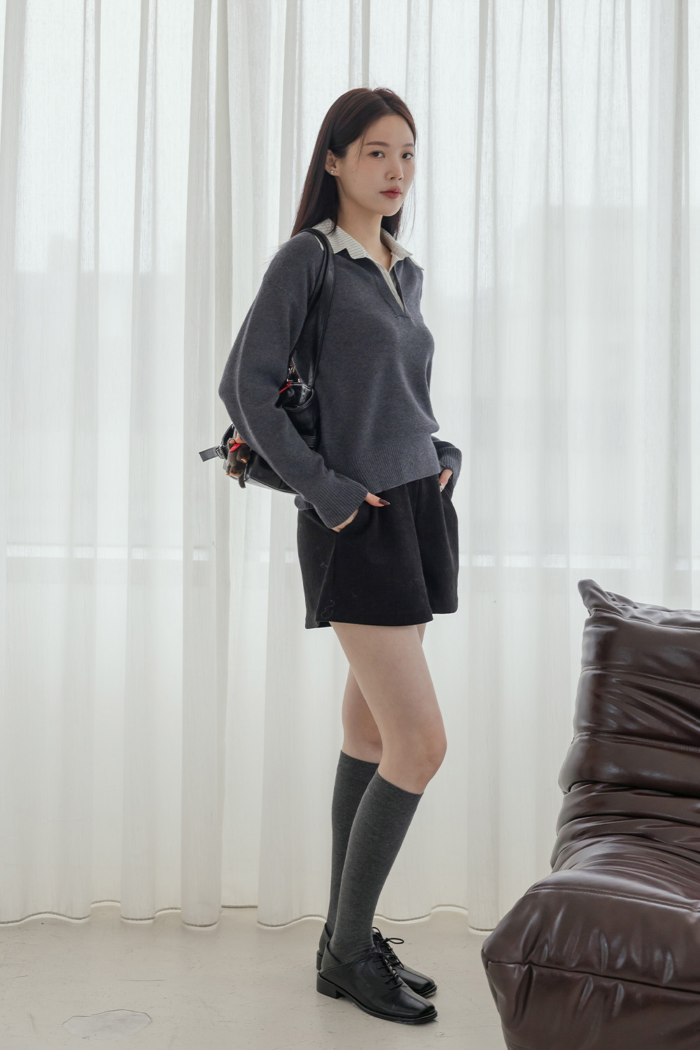 懶懶的天 假兩件式翻領針織衫