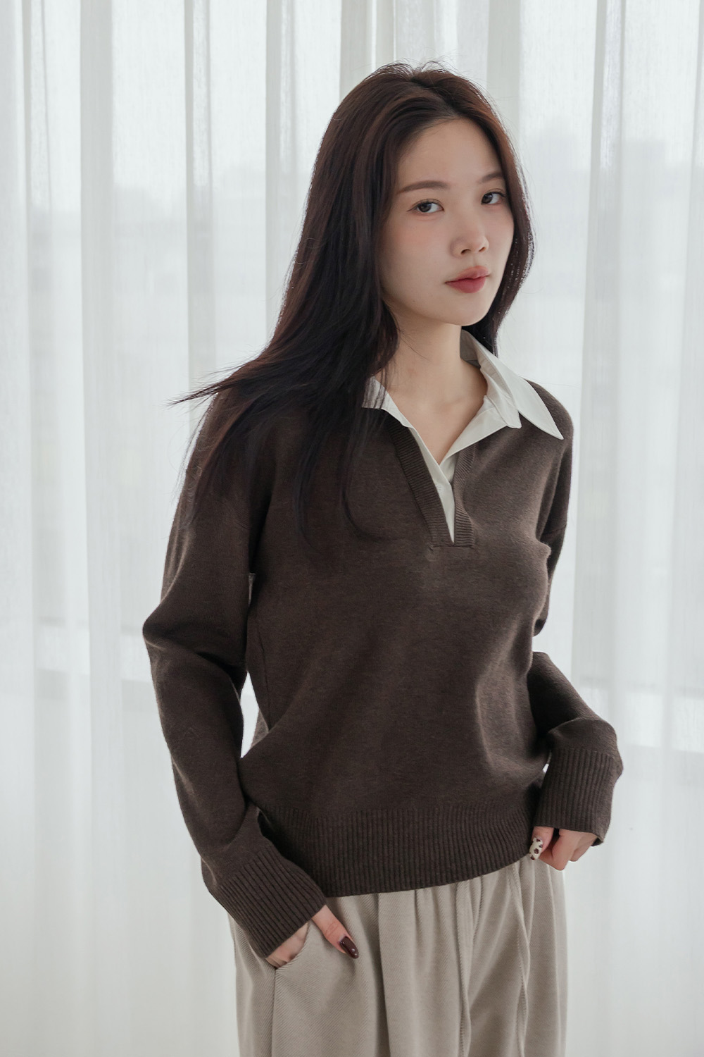 懶懶的天 假兩件式翻領針織衫