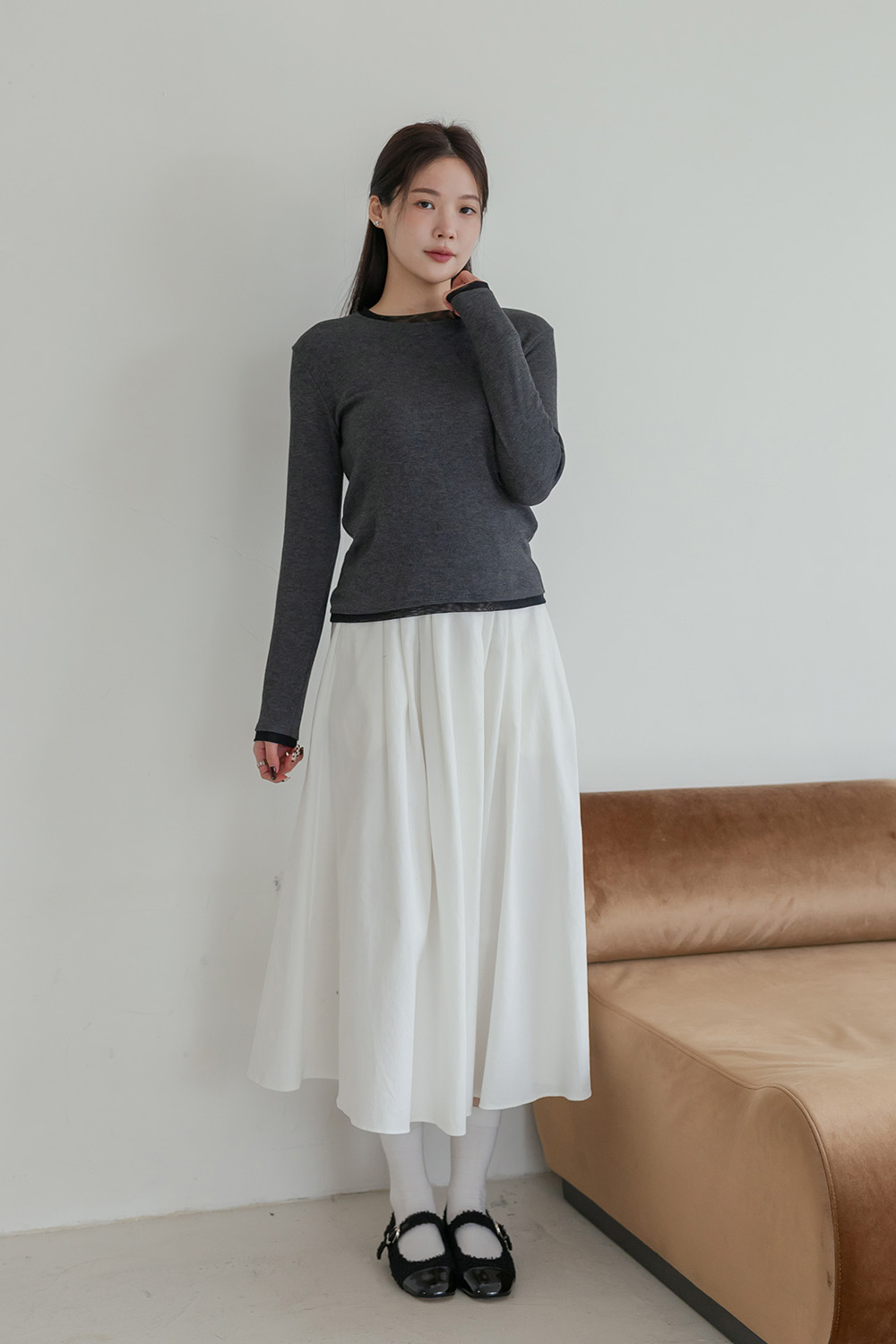 朦朧美 網紗剪接刷毛長袖T