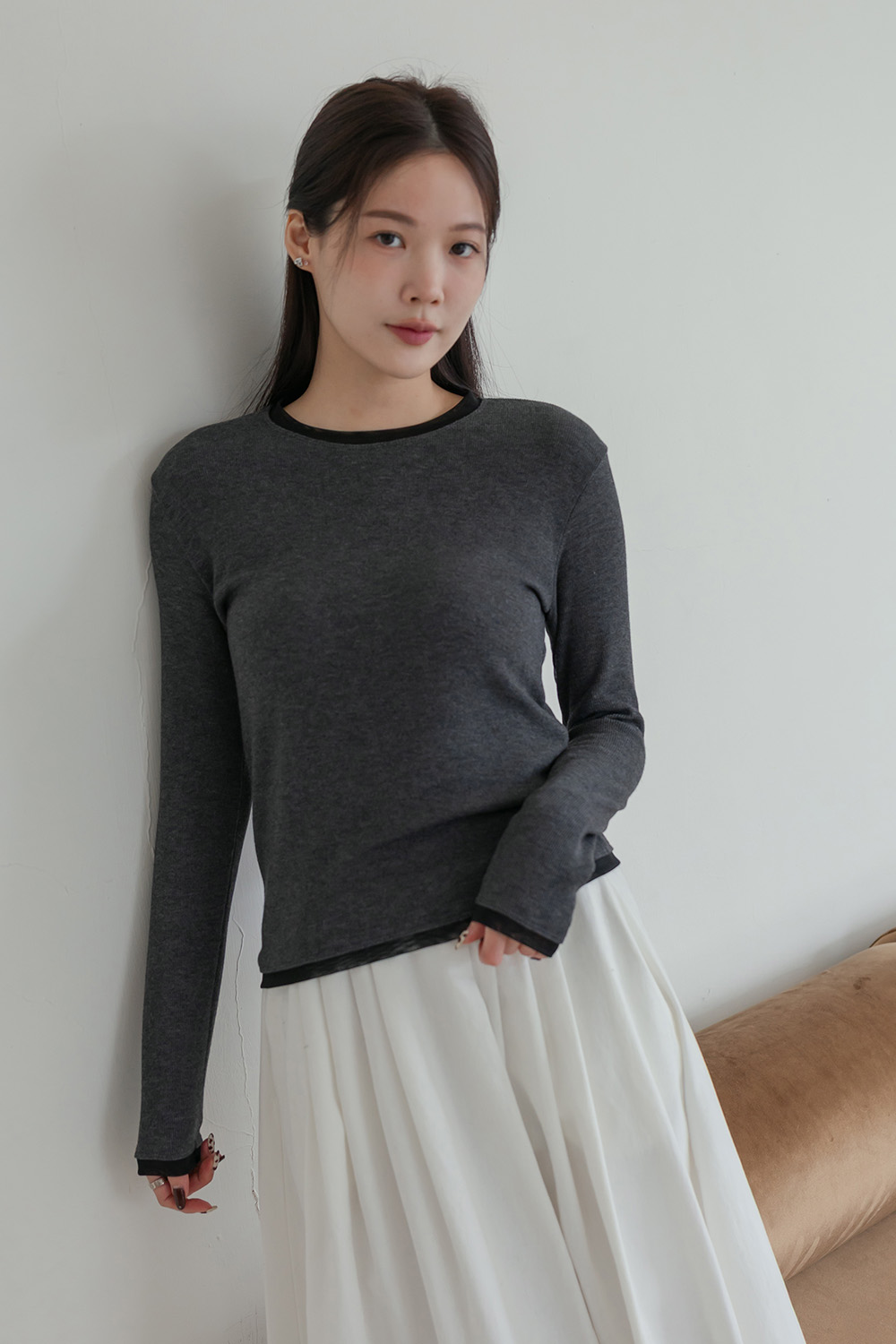 朦朧美 網紗剪接刷毛長袖T