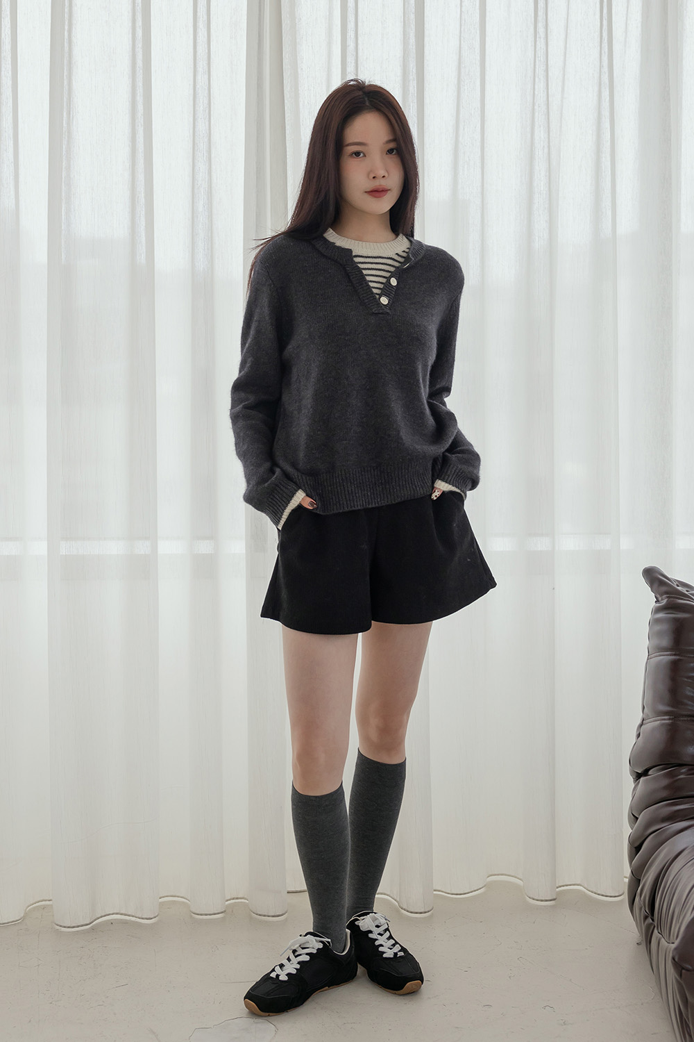 慢生活 假兩件式橫條層次針織衫