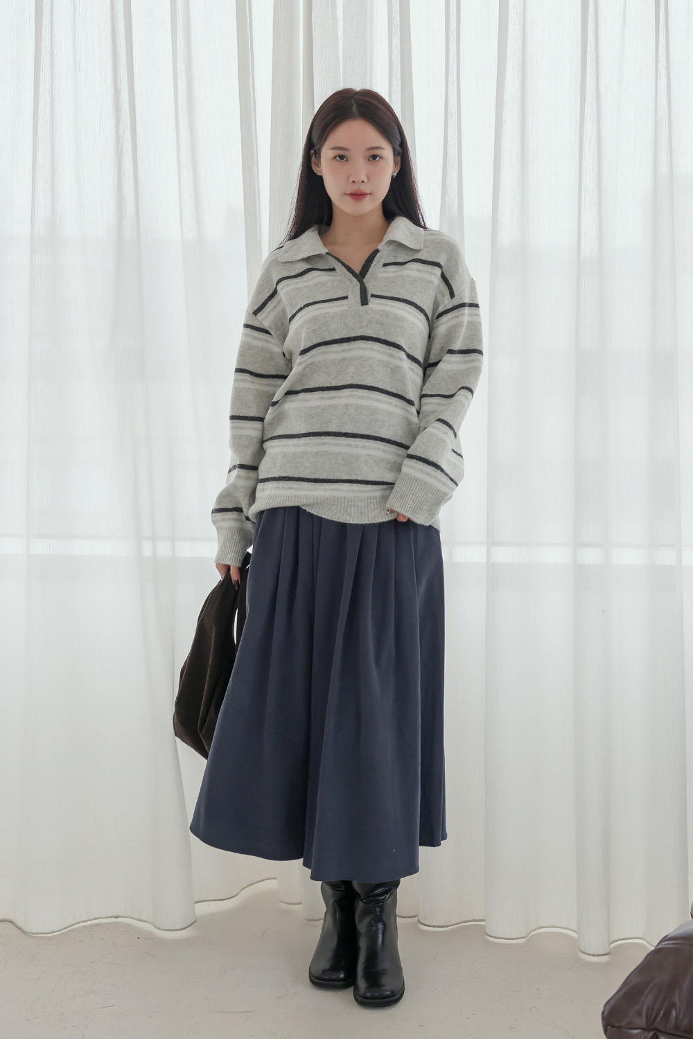 Chill Day翻領配色條紋針織衫